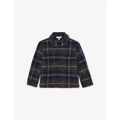 REISS NAVY BLUE BROWN SAM BUTTON-DOWN CHECKED WOOL-BLEND OVERSHIRT