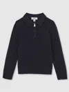 Reiss Kids' Navy Blue 13-14 Yrs Wool Waffle-knit Half-zip Polo Shirt In Black