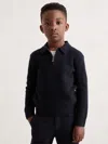 Reiss Kids' Navy Blue 3-9 Yrs Wool Waffle-knit Half-zip Polo Shirt In Black