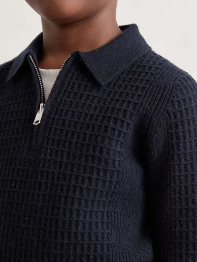 REISS REISS NAVY BLUE HAMILTON 9-13 YRS WOOL WAFFLE-KNIT HALF-ZIP POLO SHIRT