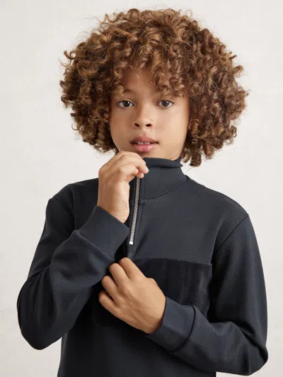 REISS NAVY BLUE INTERLOCK VELOUR PANEL ZIP SWEATSHIRT