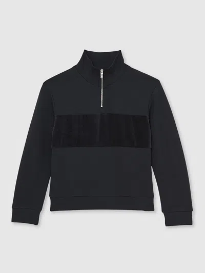 Reiss Navy Blue Selin Interlock Velour Panel Zip Sweatshirt