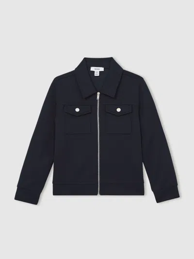 Reiss Navy Blue Interlock Zip Through Overshirt