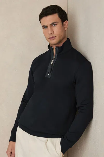 Reiss Navy Blue Leather-placket Interlock Sweatshirt