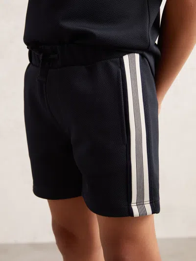 Reiss Navy Blue Side Stripe Textured Shorts In Black