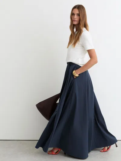 Reiss Navy Blue Simone Petite Cotton-blend Pleated Maxi Skirt