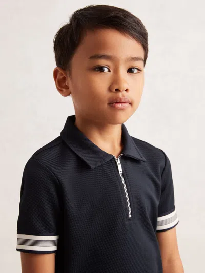 Reiss Navy Blue Textured Half Zip Polo Shirt