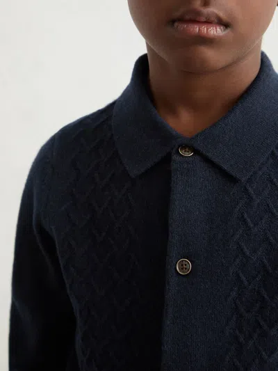Reiss Navy Blue Gideon Wool V-stitch Button Through Cardigan