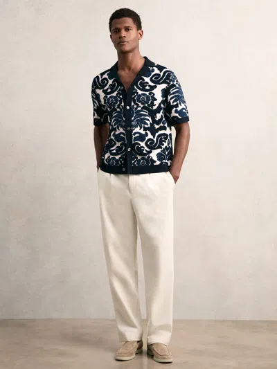 Reiss Navy Blue/white Paisley Jacquard Knit Shirt