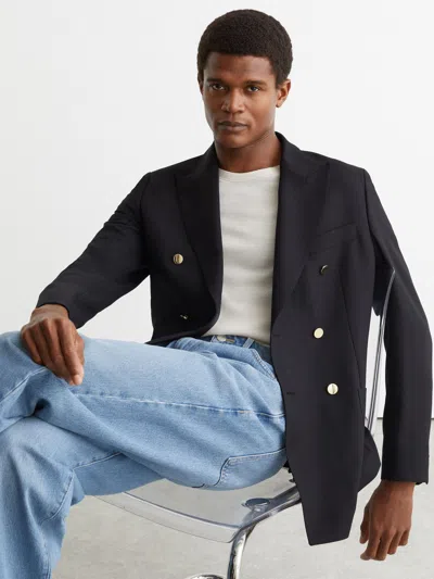Reiss Navy Captain Db Hopsack Double-breasted Blazer Classic-fit With Wool In Blue