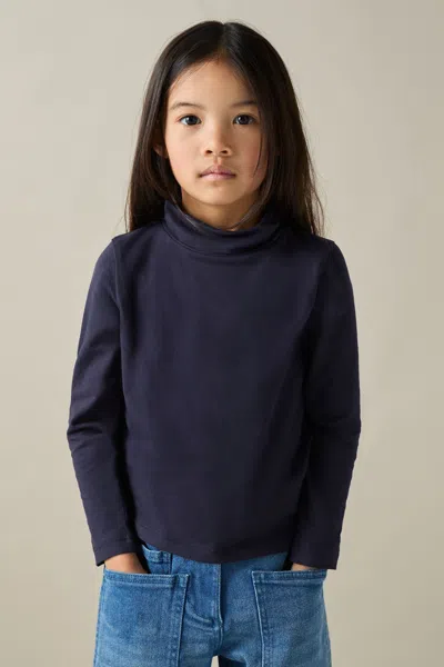 Reiss Kids' Navy 9-13 Yrs Cotton-jersey Roll-neck Top With Stretch
