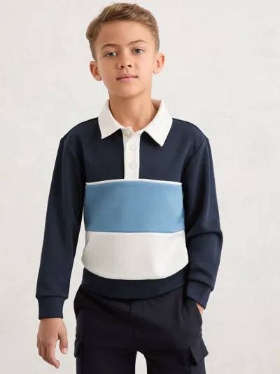 REISS REISS NAVY CASPIAN 3-9 YRS COLOUR-BLOCK LONG-SLEEVE POLO SHIRT