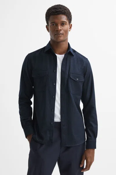 Reiss Mens Navy Compton Herringbone Wool-blend Overshirt Xs In Blue