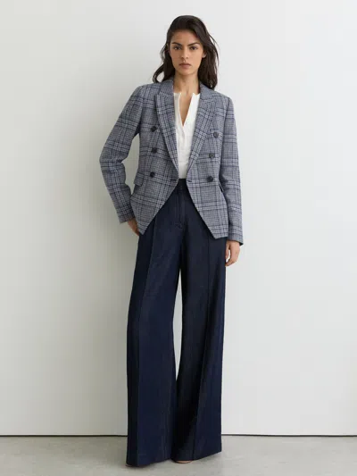Reiss Navy Check Double-breasted Check Blazer Cotton-linen In Blue