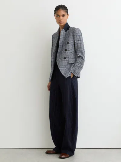 Reiss Navy Check Petite Double-breasted Check Blazer Cotton-linen In Blue