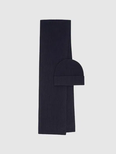 Reiss Navy Chesterfield Gs Merino Wool Scarf And Beanie Gift Set In Blue