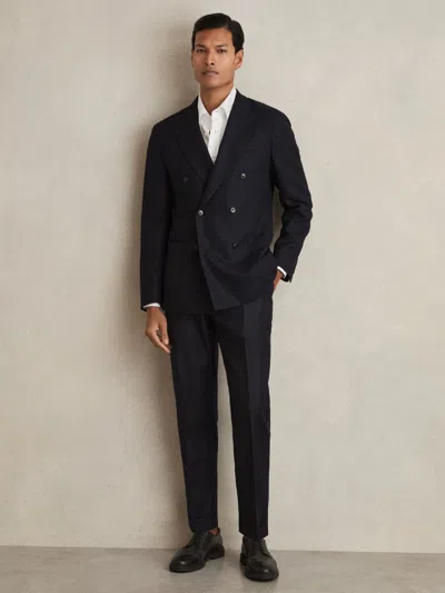Reiss Navy Club Slim-fit Double-breasted Textured Wool-blend Suit Blazer In Black