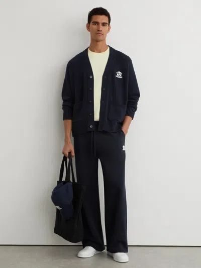 Reiss Navy Coates Monogram-embroidered Relaxed Cardigan In Blue