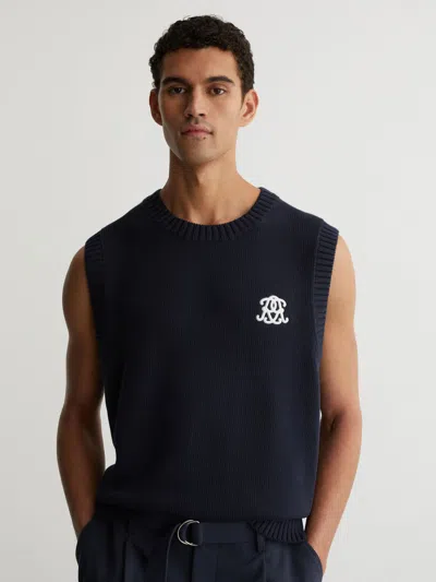 Reiss Navy Coben Monogram Embroidered Relaxed Knit Vest In Blue
