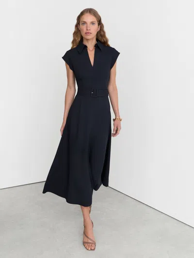 Reiss Navy Collared Belted Midi Dress In Blue