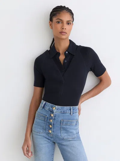 Reiss Navy Collar-insert Jersey-knit Top With Wool In Blue