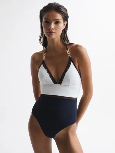 Reiss Navy Colourblock Halter Swimsuit In Multi