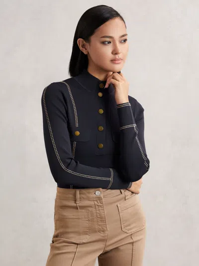 Reiss Navy Contrast-stitch Knit Top In Blue