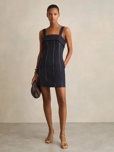 Reiss Navy Contrast-stitch Structured Mini Dress In Blue