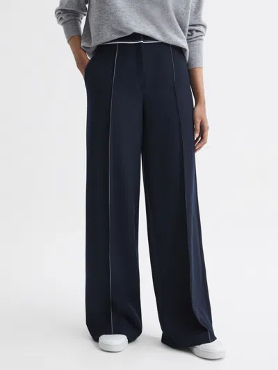 REISS NAVY CONTRAST STITCH WIDE LEG TROUSERS