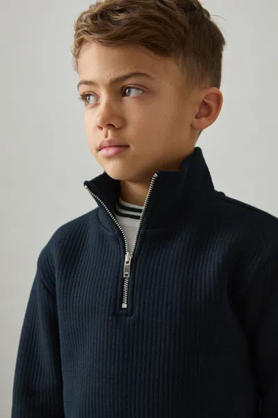 Reiss Navy Cotton-blend Half-zip Funnel-neck Jumper