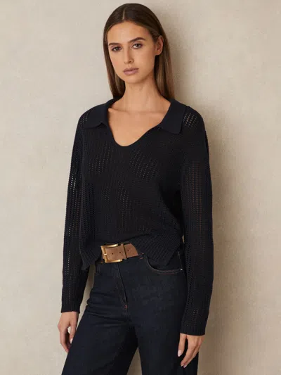 Reiss Navy Cotton Blend Open Collar Jumper In Black