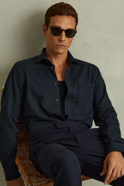 Reiss Navy Cotton Blend Twill Overshirt
