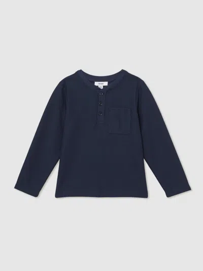 Reiss Navy Cotton Blend Waffle Henley T-shirt