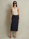 Reiss Navy Cotton Blend Wrap Front Midi Skirt In Blue