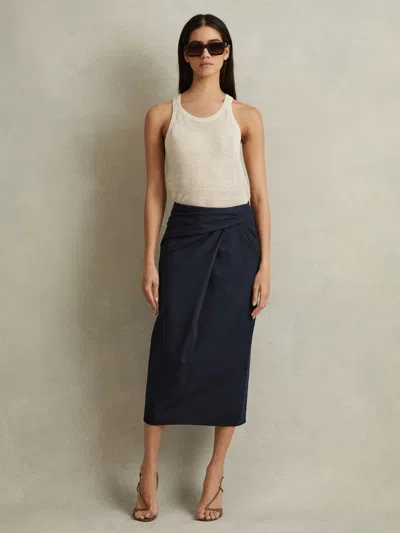 Reiss Navy Cotton Blend Wrap Front Midi Skirt In Blue