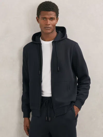 Reiss Navy Cotton-blend Zip-through Hoodie In Blue