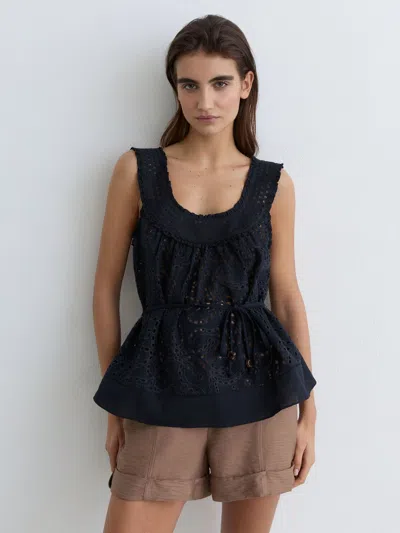 Reiss Navy Cotton Broderie Anglaise Cami Top In Blue