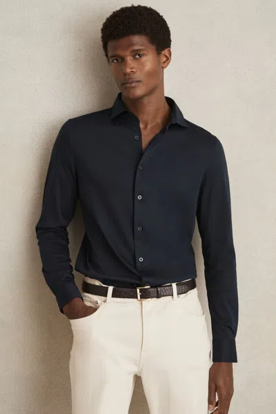 REISS NAVY COTTON-JERSEY BUTTON-THROUGH SHIRT