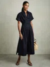 Reiss Navy Cotton Pleated-waist Midi Dress In Black