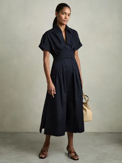 Reiss Navy Cotton Pleated-waist Midi Dress In Black