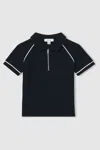 Reiss Navy Cotton Textured Half Zip Polo Shirt In Navy
