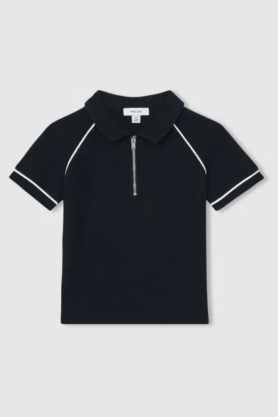 Reiss Navy Cotton Textured Half Zip Polo Shirt