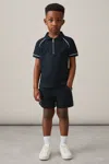 Reiss Navy Cotton Textured Half Zip Polo Shirt