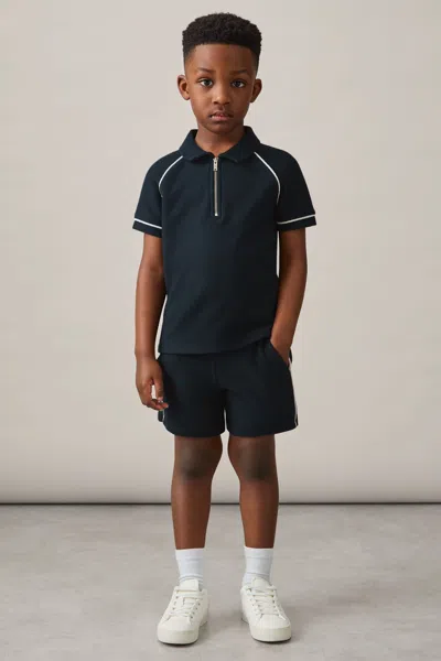 Reiss Navy Cotton Textured Half Zip Polo Shirt