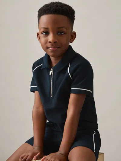 Reiss Kids' Navy Cotton Textured Half-zip Polo Shirt In Blue