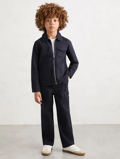 Reiss Kids' Navy Cotton Zip-through Utility Jacket In Blue