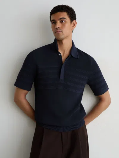 Reiss Navy Cotton-blend Textured-knit Half-zip Polo Shirt In Blue
