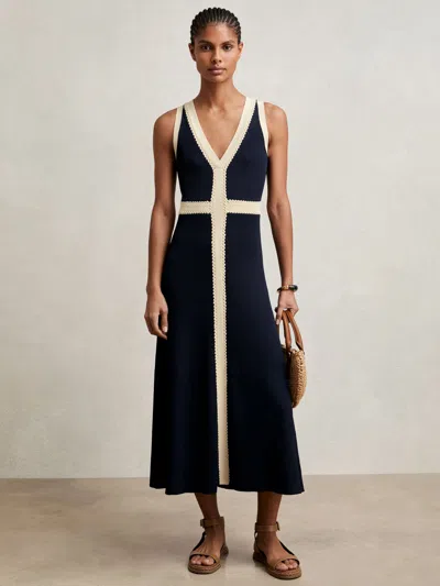Reiss Navy Craft-stitch Knitted Midi Dress In Blue