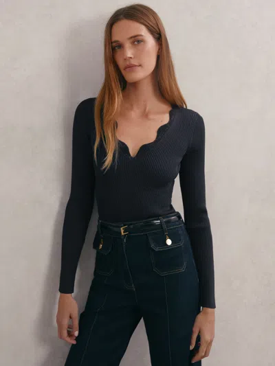 Reiss Navy Crochet-trim Rib-knit Top In Blue