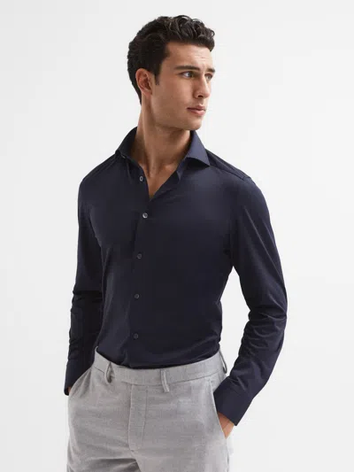 Reiss Navy Cutaway Collar Jersey Slim Fit Shirt In Blue